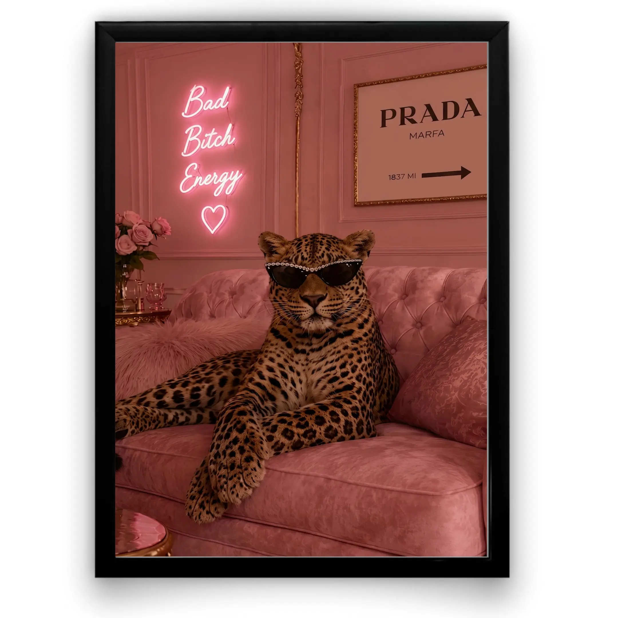 Pink Leopard Wall Art Fierce Energy Neon Aesthetic Poster