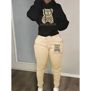 Cartoon Print Two-piece Set, Drawstring Long Sleeve Hoodies & Workout Jogger Pants Outfits, Women's Clothing