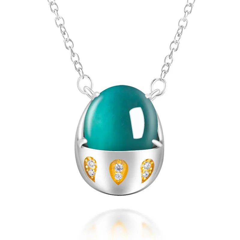Sliver Natural Green Jade Necklace Cute Dinosaur Egg Design Ice Seed Jadeite Women And Men Pendant Chain