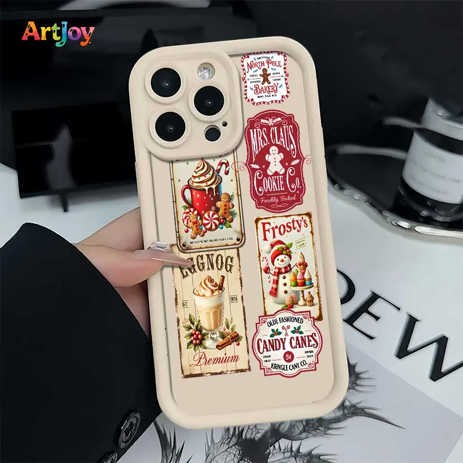Shockproof Phone Case Cover - Vintage Christmas Label Sticker Illustration with Drinks, Gingerbread, Snowman, Retro American Festive Design, Protection Casing for iPhone 17 Pro Max,16,16 Plus,15,14,13,12 - Ideal Holiday Gift (Mobile Phone Accessories), Sm