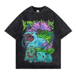 Bulbasaur - PKM Vintage Unisex Oversize Anime Manga Acid Washed Heavyweight Cotton T-shirt, Graphic tee, anime lover