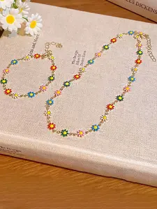 New Dopamine Colorful Oil Dripping Daisy Flower Chain Necklace Bracelet Set, Boho Fashion Elegant Versatile Jewelry, All Seasons Wear, Trendy Jewelry Set