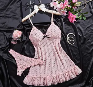 Plus Size Pink Polka Dot Mesh Babydoll Lingerie Set – Sheer V-Neck Cami Nightgown with Adjustable Straps, Ruffled Hem Sleepwear Dress, Free Matching Panty Included, Curvy-Fit See-Through Chemise for Women, Sleeveless