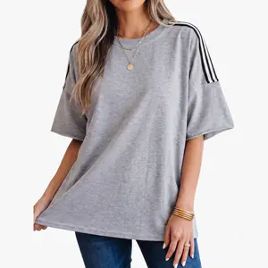 Women's Oversized T Shirts Casual Drop Shoulder Short Sleeve Tops Raw Edge Striped Patchwork Tees