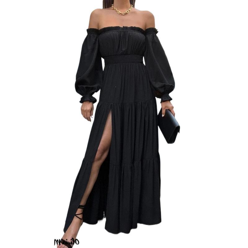 Black Love Minimalist Women's Off-Shoulder Ruffle Long Sleeve High-Slit Dress Elegant Basic Sundress for Summer Outfits Homecoming & Beach Wear Formal Womenswear