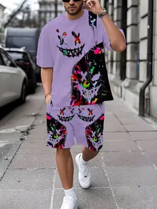 Men's Casual Round Neck Short Sleeve T-Shirt & Drawstring Shorts Set, Summer Outdoor Activities, All over Print, Lightweight