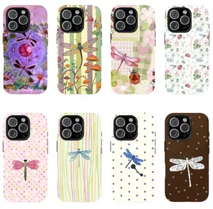 Whimsigoth Aesthetic Dragonfly Phone Case for IP 17 16 15 14 13 12 11 Pro Max , Vintage Boho Patchwork Floral Case, Purple Lotus Fairycore, Fairycore Nature - Aesthetic Purple Flower Phone Cover, Girly Floral Tough Case, Waterproof