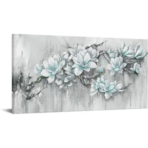 Blue Grey Wall Art Magnolia Flower Oil Painting Modern Blue Silver Artwork for Home Office Frame Ready to Hang Decor Artistic