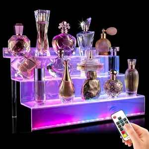 12” Acrylic Display Organizer with LED Light - LED Three-Tier Acrylic Perfume Stand and Display Step Shelves Holder, Cologne Organizer for Men, Figures Stand, Cartoon-Themed Display Stand, Portable Perfume Holder, Clear Display Stand, Gift