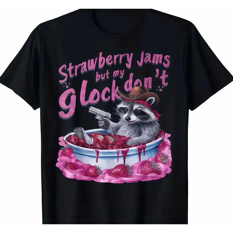 Men's Casual Short-Sleeve Graphic T-Shirt - Sporty Sports Top for Streetwear, Menswear with Playful Raccoon Cowboy Design, Strawberry Jams Detail, Toy Gun Accent, Sporty Sports Tops