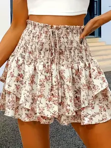 Women's Floral Print Woven Frill Trim Shirred Tiered Layer Shorts, Casual Feminine Loose High Waist Tie Front Drawstring Wide Leg Shorts for Spring & Fall, Women's Bottoms for Daily Wear, Womenswear