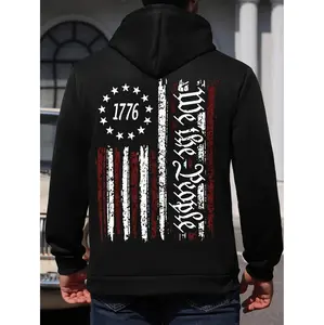 Men's Casual Oversized Hoodie Featuring a Patriotic American Flag Design Long Sleeve Polyester Sweatshirt with Kangaroo Pocket Ideal for Fall and Winter Wear
