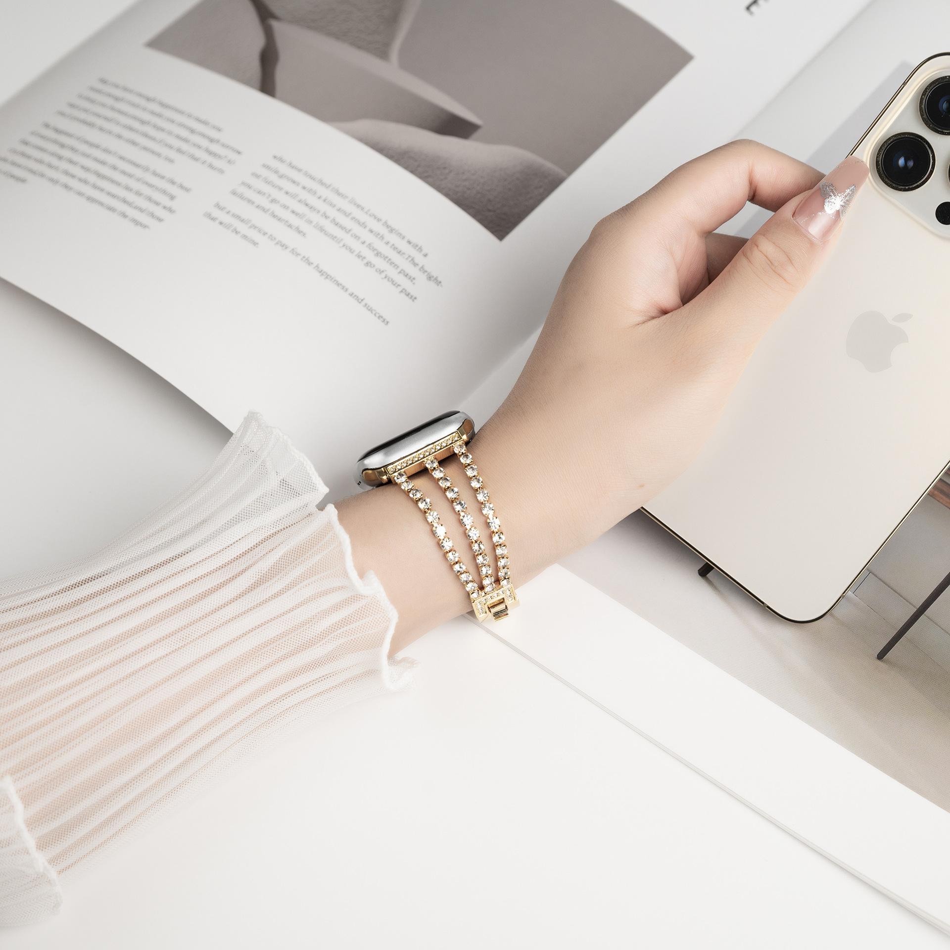Diamond 3-Row Metal Apple Watch Band, Compatible with Series 5/6/7/8/9 & SE, Elegant Sparkling Bracelet Strap for Everyday & Spring Wear