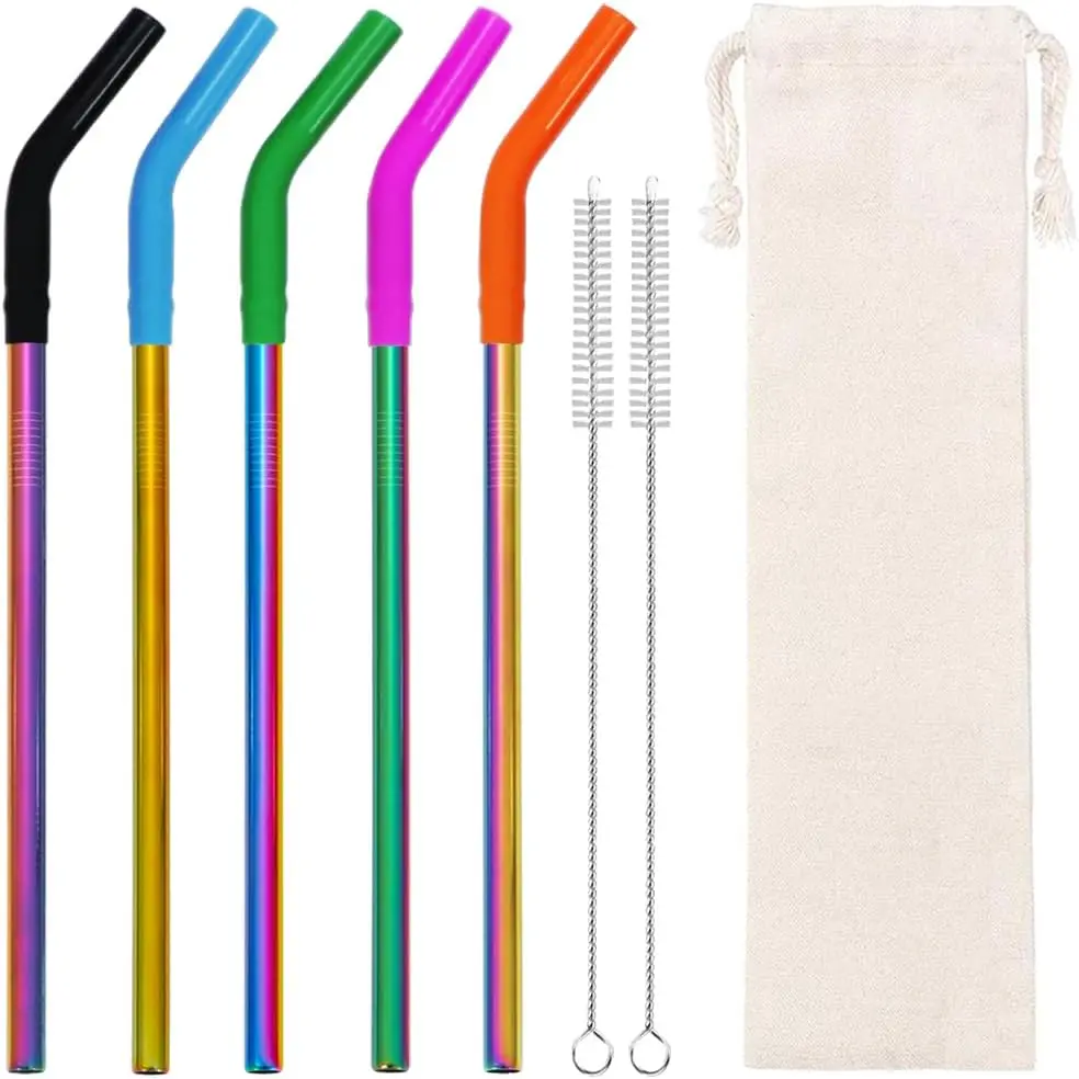 Rainbow Reusable Stainless Steel Metal Straws - 8.5in 5pcs (8.5 inches), 8mm Diameter, Comfortable Tip, for 20/30/32oz Tumblers & Smoothies, 2 Cleaning Brushes, 1 Portable Bag, Blue & Green Accents