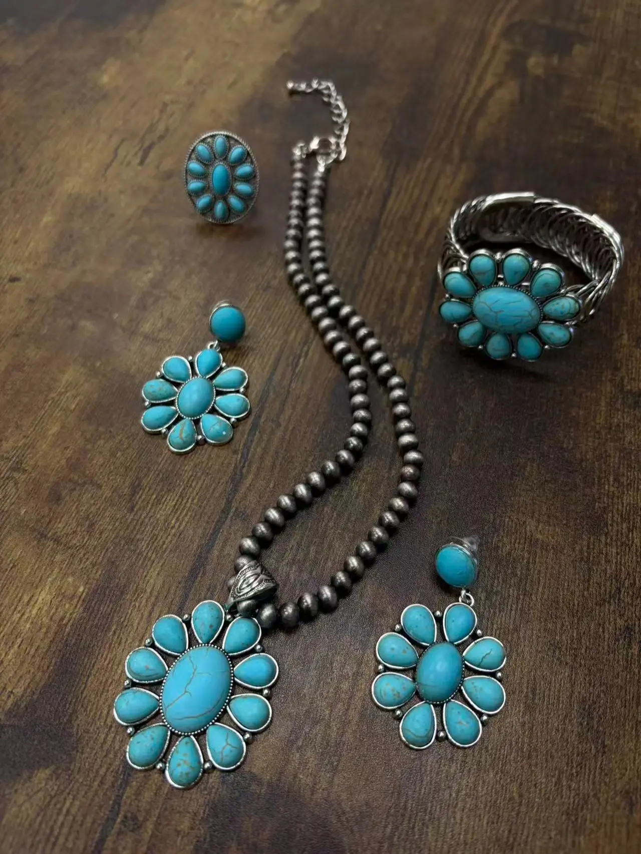Turquoise Flower Western Jewelry Set with Necklace Earrings Ring and Cuff Bracelet