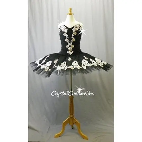 Custom Black Platter Tutu with White Lace - Swarovski Rhinestones
