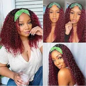 21 Inch Burmese Curly Half Wig Real  for Black Women, Spiral Curl Ends, Glueless Wear & Go Drawstring Wig, Flip Over Wearable, Beginner Friendly, No Glue No Sew, Wine Red