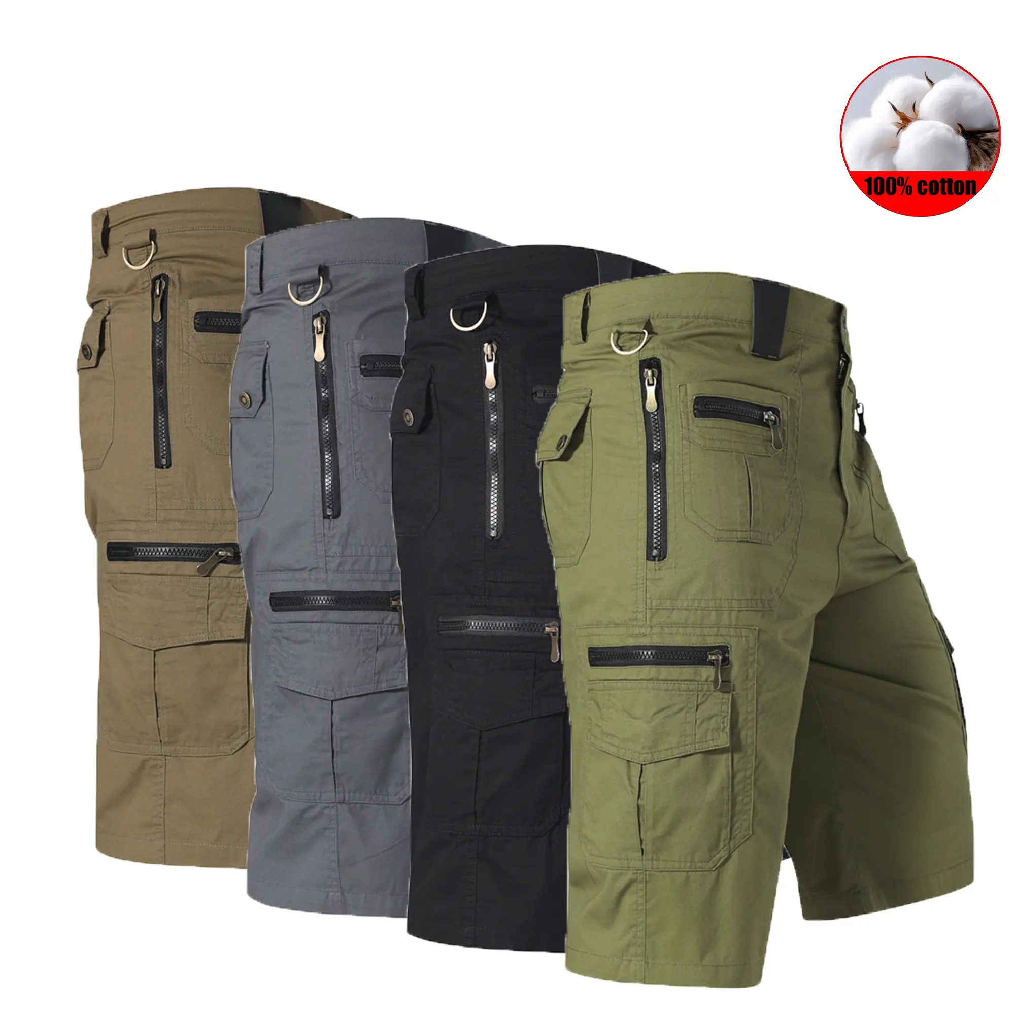 1-pack men’s outdoor tactical cargo shorts — multiple zippered pockets, wear-resistant and breathable; casual mid-thigh shorts for summer hiking and mountaineering