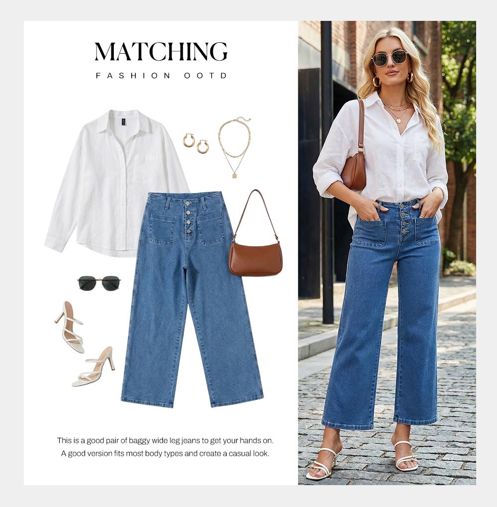 Sidefeel Women's Wide Leg Jeans High Waisted Zimbaplatinum Stretchy Straight Leg Jeans Buttoned Loose Denim Pants with Pocket