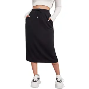 Women's Midi Skirt Drawstring High Waist Sweat Skirts with Pockets