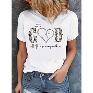SHEIN LUNE Heart & Slogan Graphic Tee With GOD All Things Are Possible Graphic Tees Women Tops