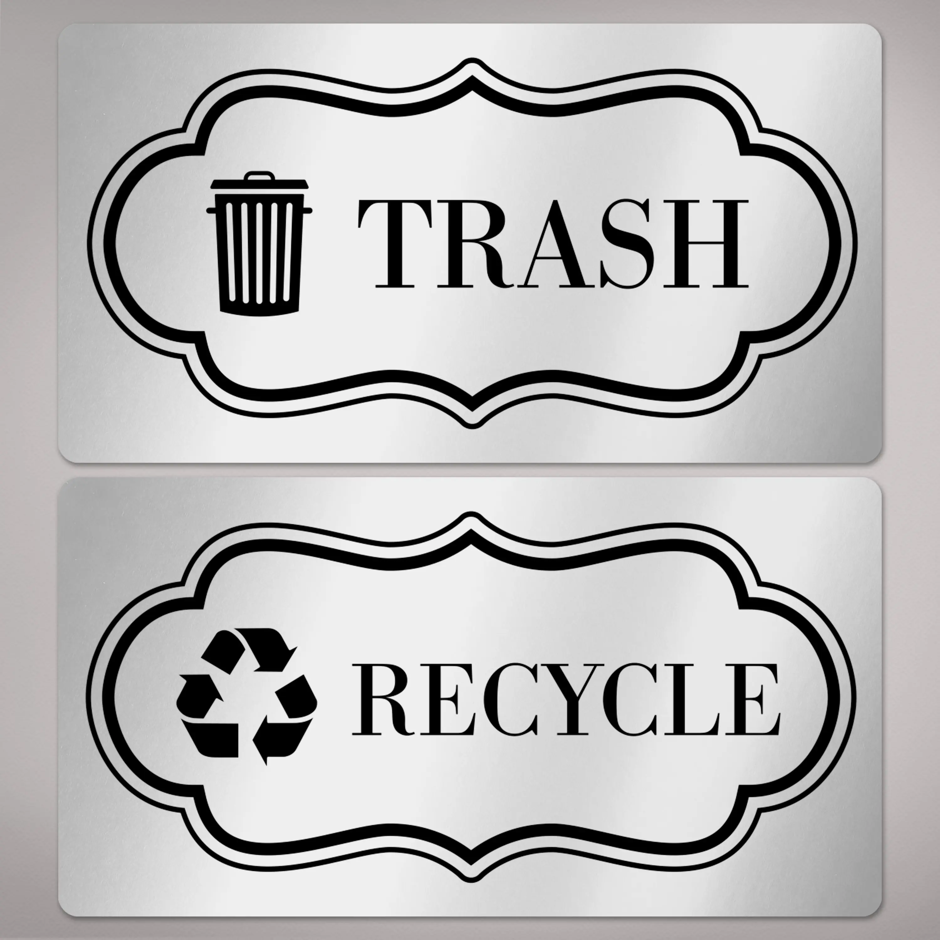 Avery Recycle and Trash Stickers, Metallic Recycle and Trash Signs for Bins, Containers, Trash Cans and Walls, Waterproof, UV Resistant, Preprinted, 2" x 3-3/4", 8 Total