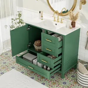 36" Green Bathroom Vanity with Solid Pine Frame, 1 Soft Close Door and 3 Drawers , Modern Storage Cabinet (The Same Series as WF 321698 )   WL