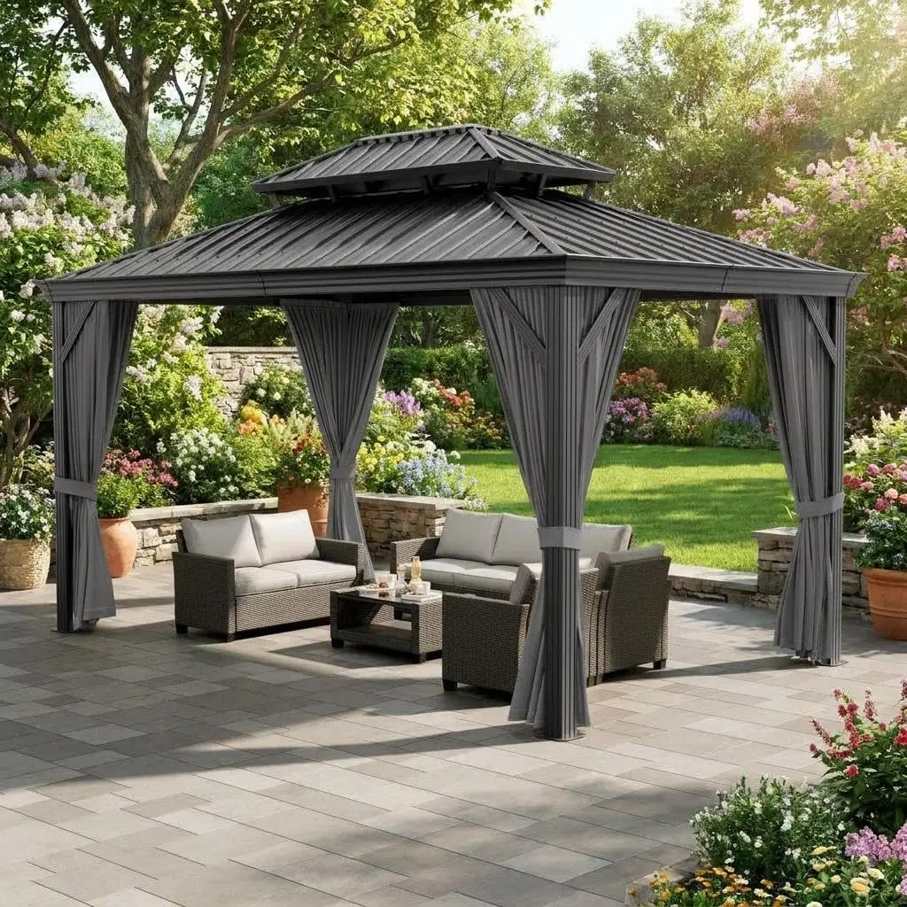 Heavy Duty Hardtop Gazebo, All-Weather Sturdy Aluminum Frame Outdoor Pavilion with Double Metal Roof, Removable Netting, Privacy Curtains & Adjustable Design, Permanent Canopy Shelter for Backyard Parties & Outdoor Activities