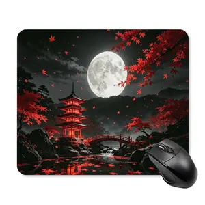 Japanese Art Gaming Mouse Pad Non-Slip Desk Mat with Red Maple & Pagoda Scene, Extended Gaming Mousepad with Stitched Edges, Waterproof Office Desk Pad for Gamer & Work