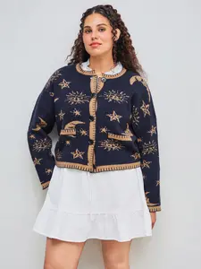 Cider Knit Round Neckline Star Sun Moon Contrasting Binding Long Sleeve Cardigan Curve & Plus