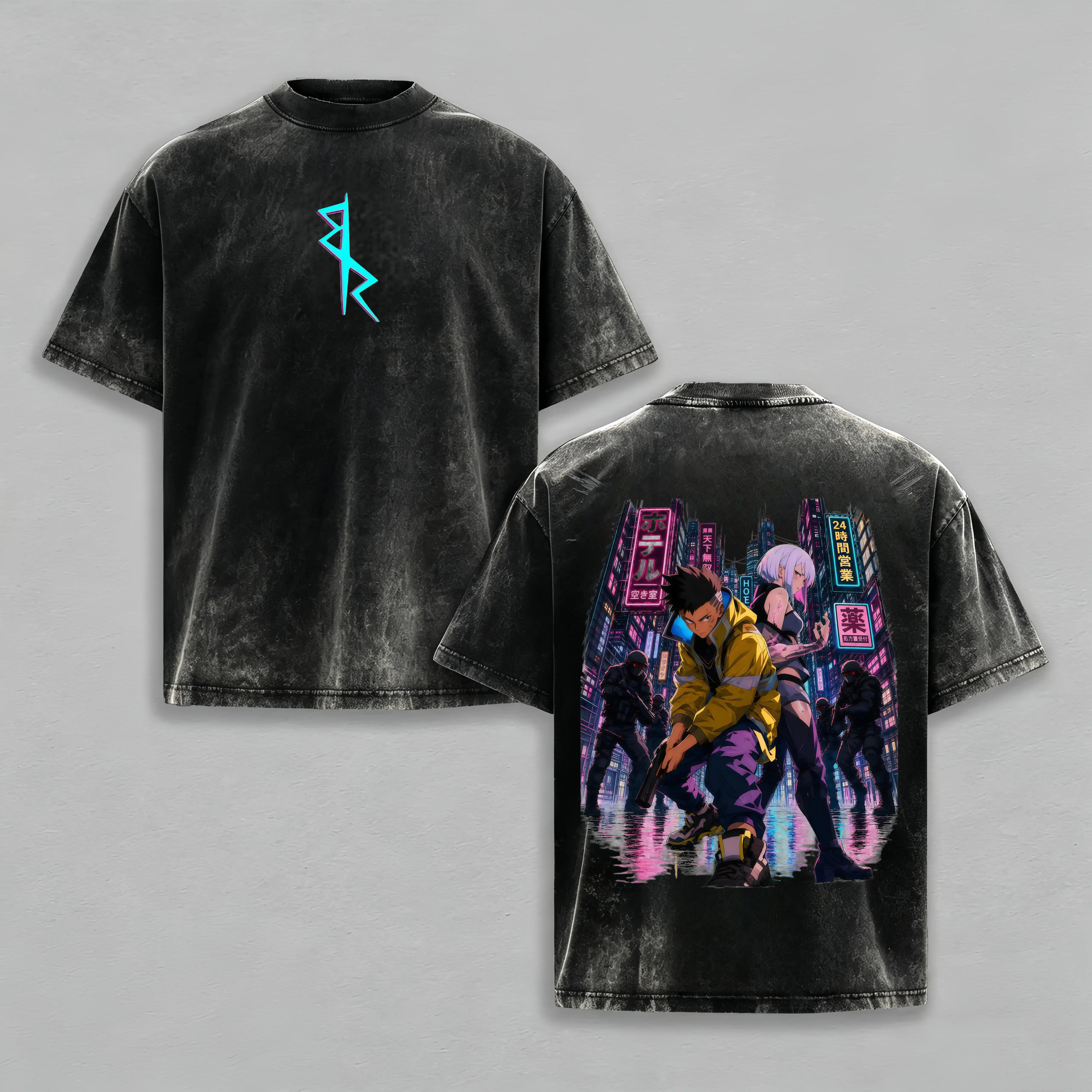 Men's Cyberpunk Edgerunners David Martinez & Lucy Night City Mercenary Graphic Vintage Heavyweight Cotton T-Shirt - Stylish Casual Menswear Short-Sleeve Tops, Neon Rebel Duo Double Printed Streetwear