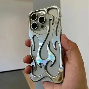 Fashionable hollowed-out flame phone case suitable for iPhone 15, 14, 13, 12, 11 Pro Max Plus Cool boys and girls silver electro