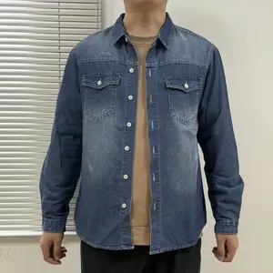 Bindefon Men's Cotton Denim Work Shirt with Patched Pockets Long Sleeve Button-Up Top for All Seasons Christmas New Year Street Commute