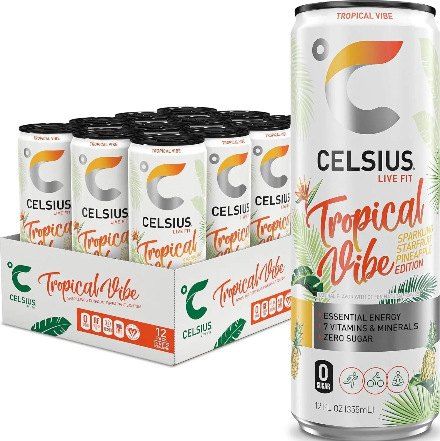 CELSIUS PEACH VIBE Sparkling White Peach, Sugar Free Energy Drink, 12 Fl Oz (Pack of 12)