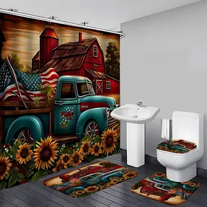 Farm Truck Pattern Shower Curtain Set, 1/4 Counts Including Shower Curtain & Toilet Mat & Bath Mat & Toilet Lid Cover, Bathroom  Restroom Decor Supplies, Bathroom Decoration Accessories