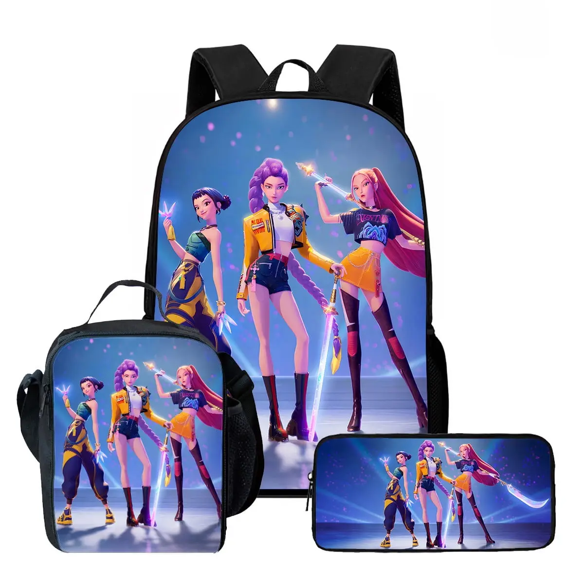 New cartoon anime 3D Korean-style Neon Demon Squad cool printed large-capacity backpack lunch bag three-piece set