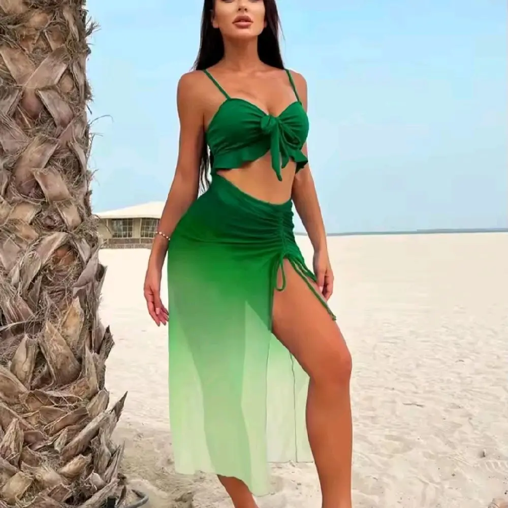Women's Gradient 3-Piece Bikini Set | Mesh Cover-Up Summer Swimsuit
