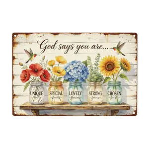 2D Plat,Retro Country Scripture Aluminum Plaque - "God Says You Are Unique, Special, Lovely, Strong, Chosen" | 8"×12", Great for Lawn & Garden Decor, Porch Accents, She Shed Walls and Farmhouse Entryways - Watercolor Floral & Hummingbird Christian Sign,