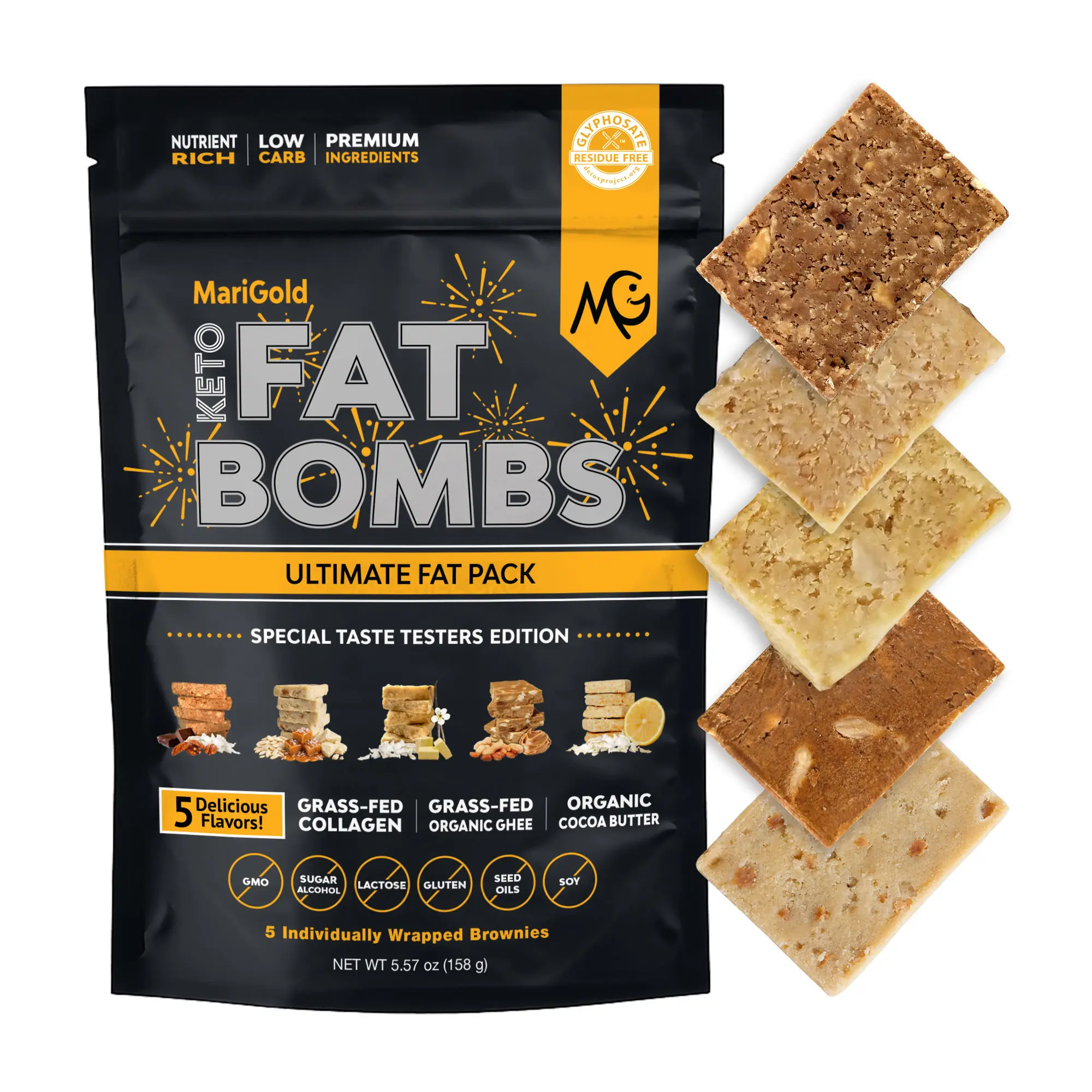 MariGold Keto Fat Bombs, 5-Flavor Sampler, Low-Carb Protein Bars - Collagen Protein Bars, Healthy Low-Carb, Low-Sugar Snacks, Organic Ingredients, Gluten-Free, Non-GMO
