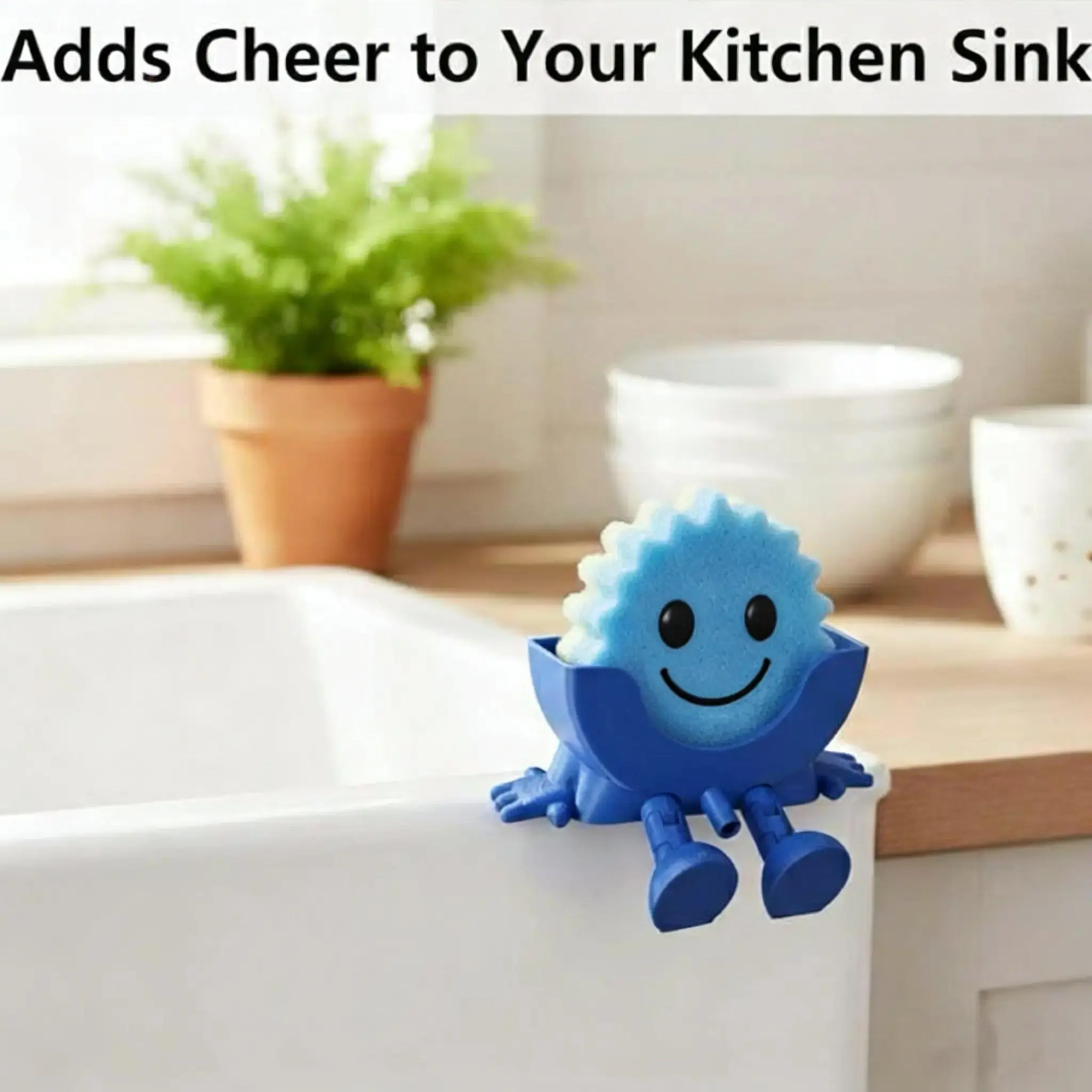 Little Sponge Guy Sponge Holder for Kitchen Sink, Funny Gag Gift Sink Caddy with Dangling Legs and Drip Drain, Hangs on the Sink Edge with No Suction Cups or Glue, Fits Round Smiley Face Sponges and Scrubbers