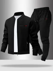 Men's Letter Gradient Print Casual Jacket Set, Soft Fabric, Zipper Design, Fitted Sport Pants, Spring & Fall Fashion, Athletic Activewear Tracksuit, Youth and Adult