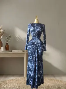 QFAF Women's Fitted Printed Long Dress, Bodycon Party Dress, Round Neck Long Sleeve Ruched Bow Tie Draped Mermaid Style, Formal Cocktail Birthday Holiday Evening Party Gown, 2026 Fashion