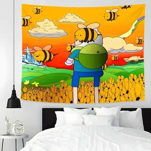 Cartoon Bee Sunflower Field Vibrant Tapestries Background Decoration Hangable Ornaments Wall Large Tapestry Wall Hanging, Multiple Sizes, Easy to Clean and Maintain. Suitable for Living rooms, Bedrooms, Homes and Parties Great Gift for friend