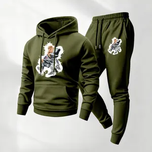 Men's bear print hooded sweatshirt and drawstring sweatpants set, men's casual sportswear, long-sleeved hooded jacket and trousers, suitable for autumn and winter, men's everyday casual wear, tracksuit, casual sports outfit.