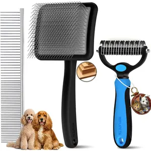 Large Dog Slicker Brush for Goldendoodles, Poodles - 3 in 1 Grooming Kit with Undercoat Rake, Comb - Extra Long Pins for Dematting Great Pyrenees, Thick Coats, Shedding, Detangling, Black
