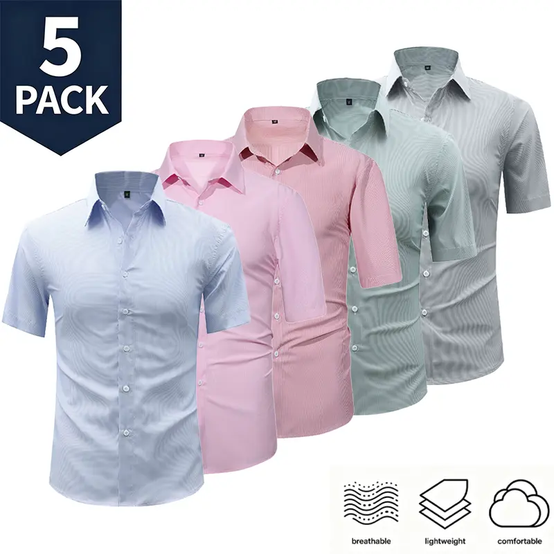5-Pack Men’s Fine Pinstriped Short-Sleeve Shirts, Summer Lightweight Breathable Slim Fit Business Mid-Length Striped Commuter Shirt Set
