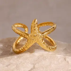 Coral Gold Starfish Adjustable Ring | Waterproof Tarnish-Free Stainless Steel | Open Band Ring