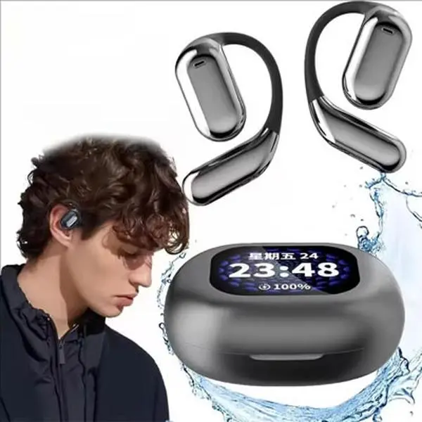 Smart touchscreen open Bluetooth 5.4 earphones, wireless ear-hook earbuds, sports headphones with built-in microphone, comfortable ear hooks, display screen, suitable for running and fitness, black