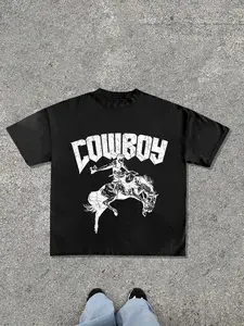 Men's Regular Fit Cowboy Print Round Neck Graphic Tee, Vintage Trendy Casual Short Sleeve T-shirt for Daily Wear, Ladies Summer, Top