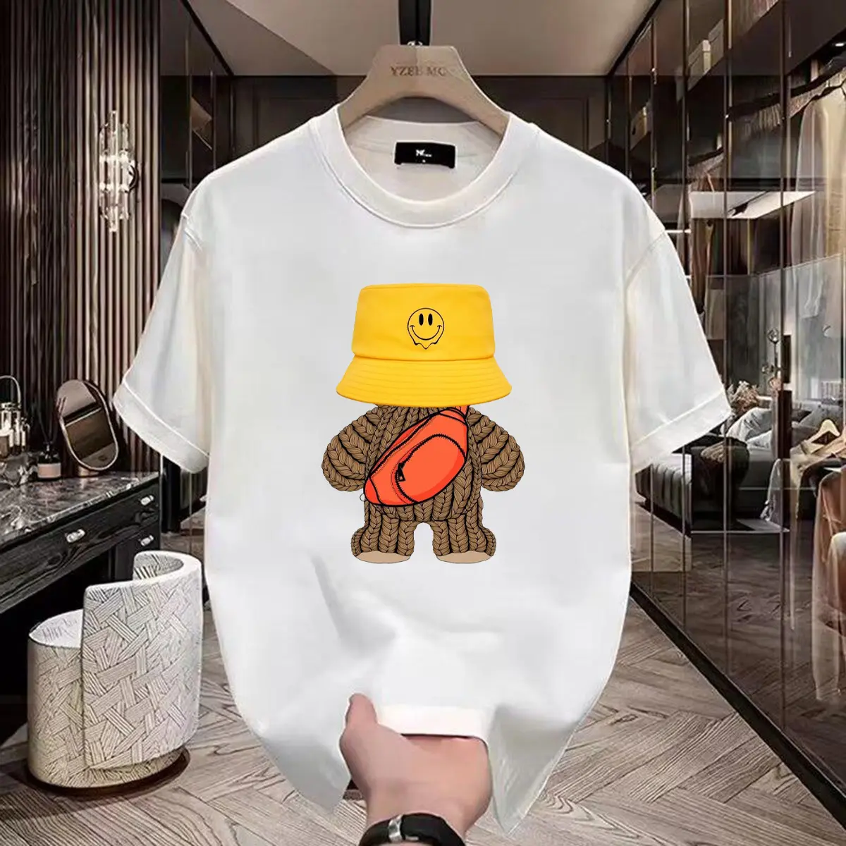 Men's 100% Cotton Short-Sleeve Round Neck Cartoon Bear T-Shirt - Stylish Unisex Cut, High-Quality Casual Streetwear for Couples Match, Pair with Jeans Menswear Top, Shortsleeve, Clothes